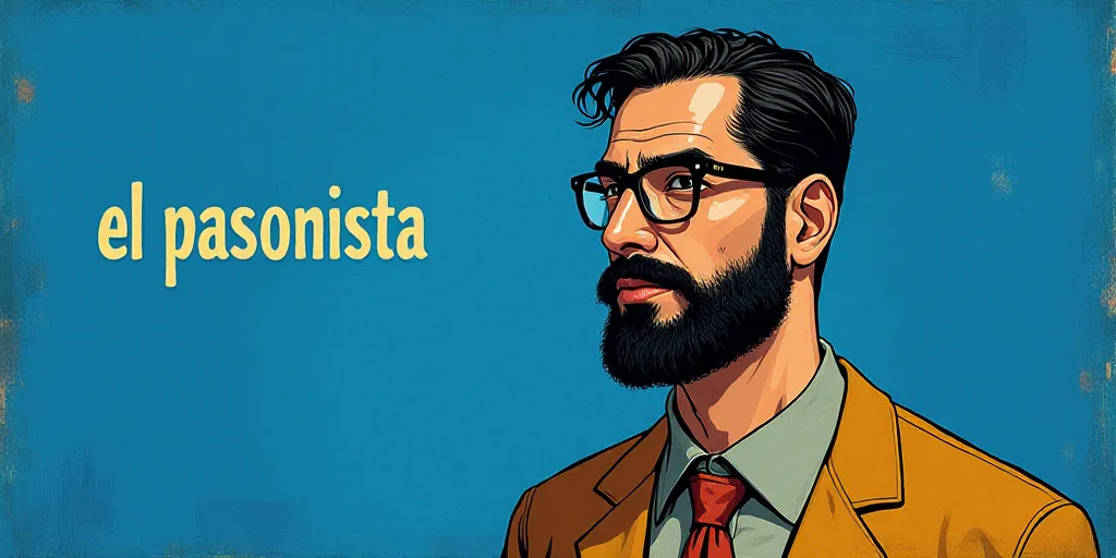 a man with a beard and glasses standing in front of a blue background with the words, el pasonista,