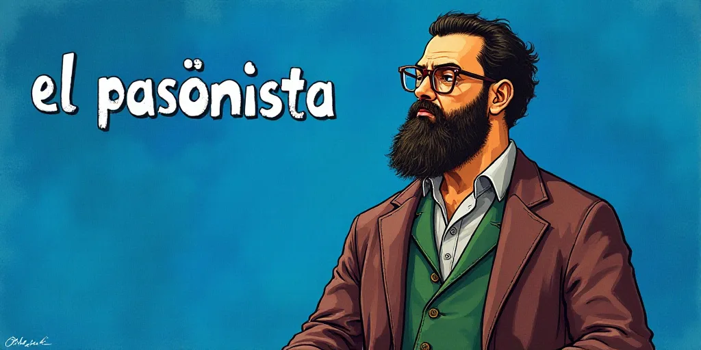 a man with a beard and glasses standing in front of a blue background with the words, el pasonista,