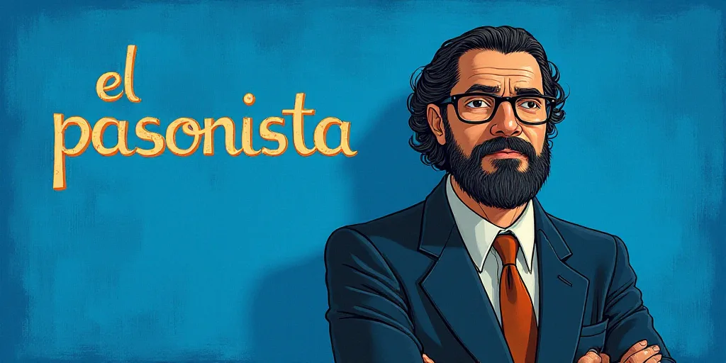 a man with a beard and glasses standing in front of a blue background with the words, el pasonista,