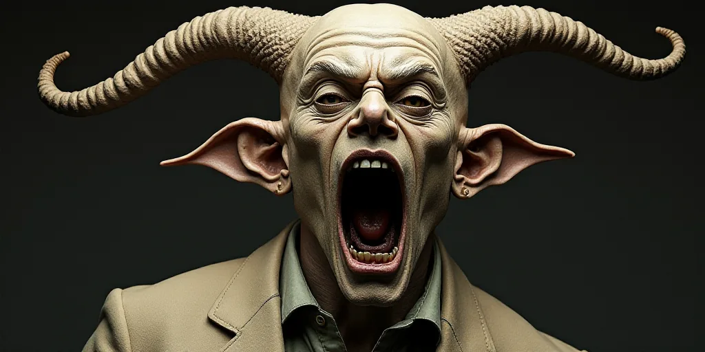 a man with a creepy mask on his face and a demon mask on his head, with his mouth open, Dave McKean,