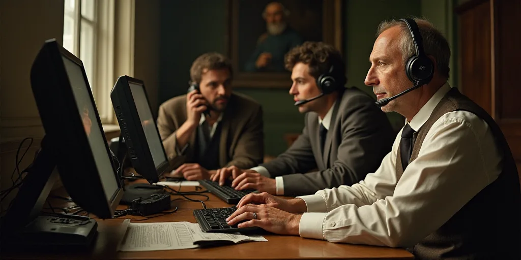 a man with a headset is looking at a computer screen while another man is on the phone and another m