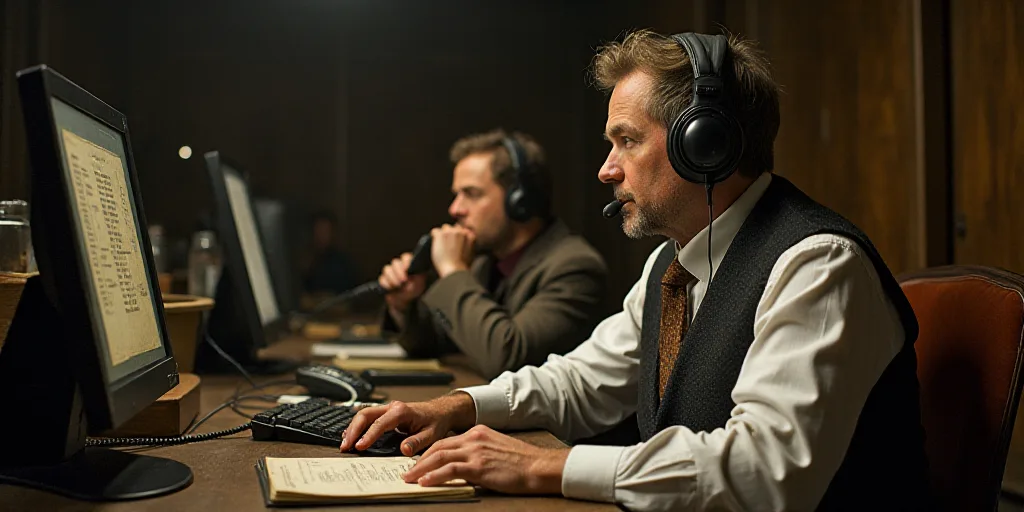 a man with a headset is looking at a computer screen while another man is on the phone and another m