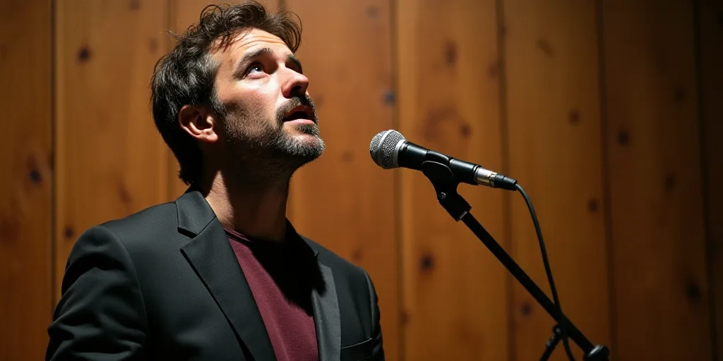 a man with a microphone in front of a wooden wall and a microphone in front of him is looking up, Ar