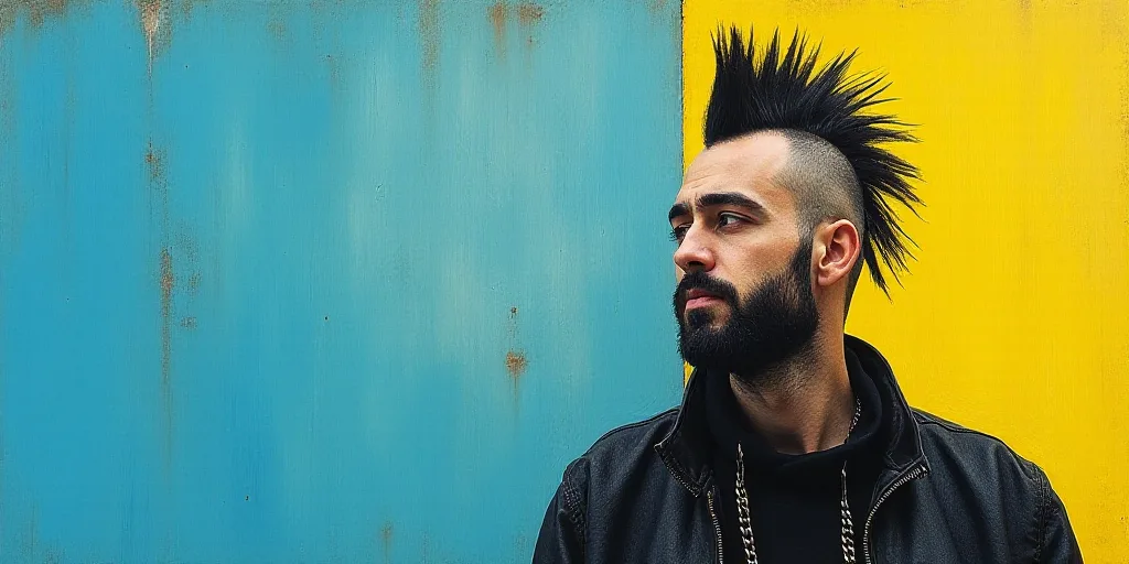 a man with a mohawk standing in front of a blue and yellow background with a black and white photo,