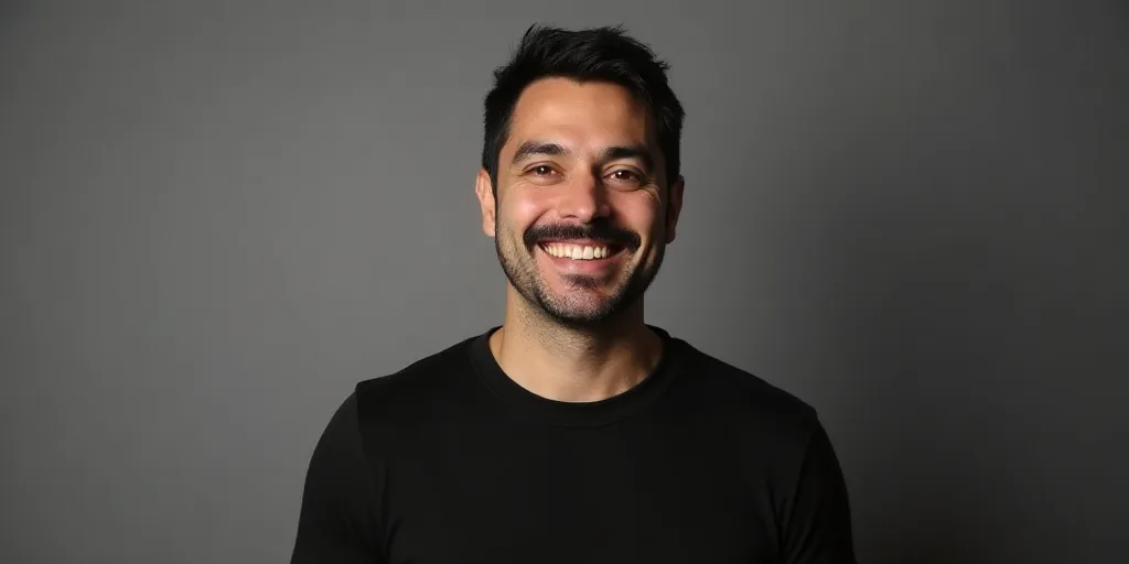 a man with a mustache and a black shirt smiling at the camera with a gray background and a gray back