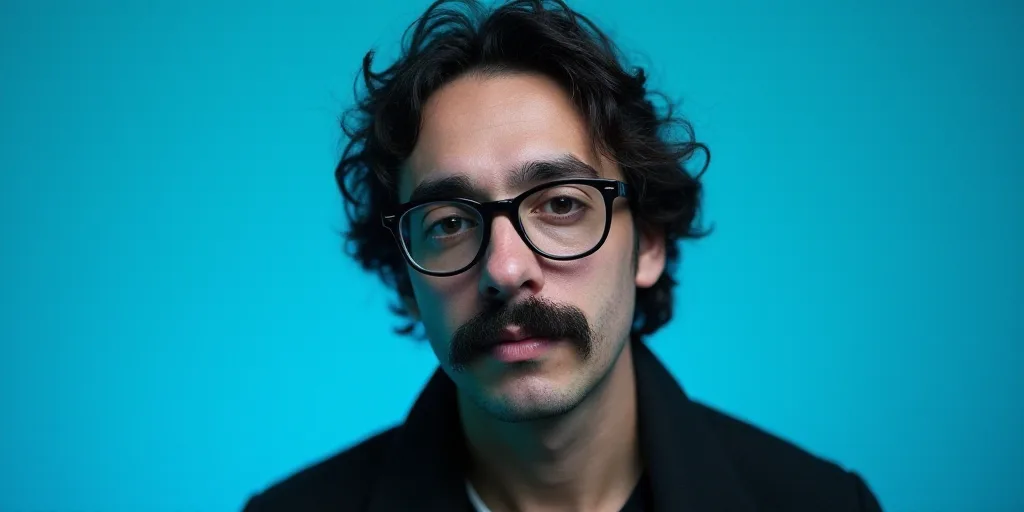 a man with a mustache and glasses is in front of a blue background with a black and white photo, Cá