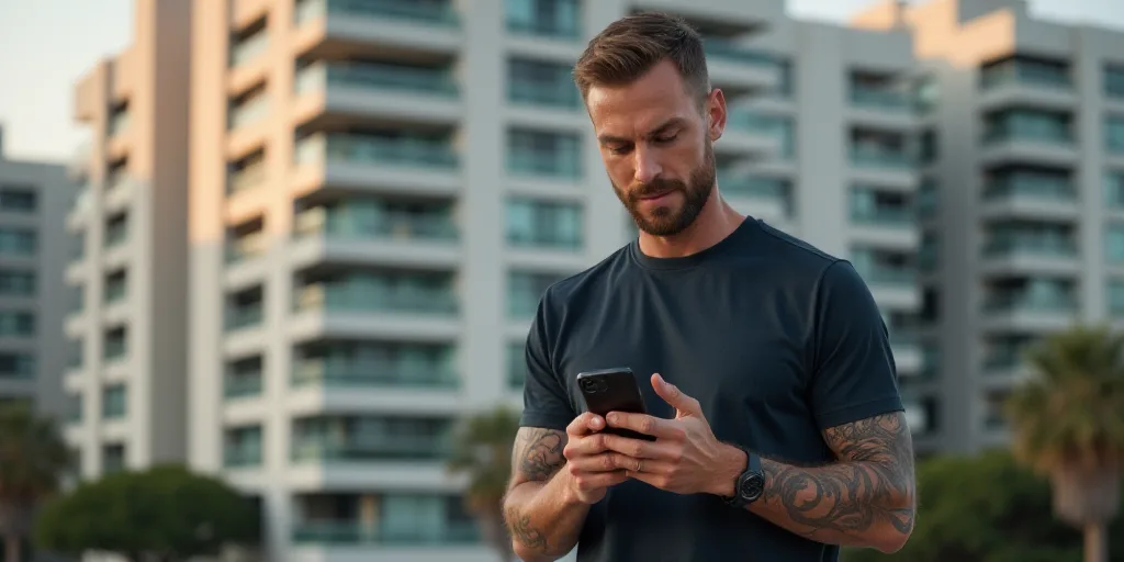 a man with a tattoo on his arm holding a cell phone in his hand and a building in the background, Do