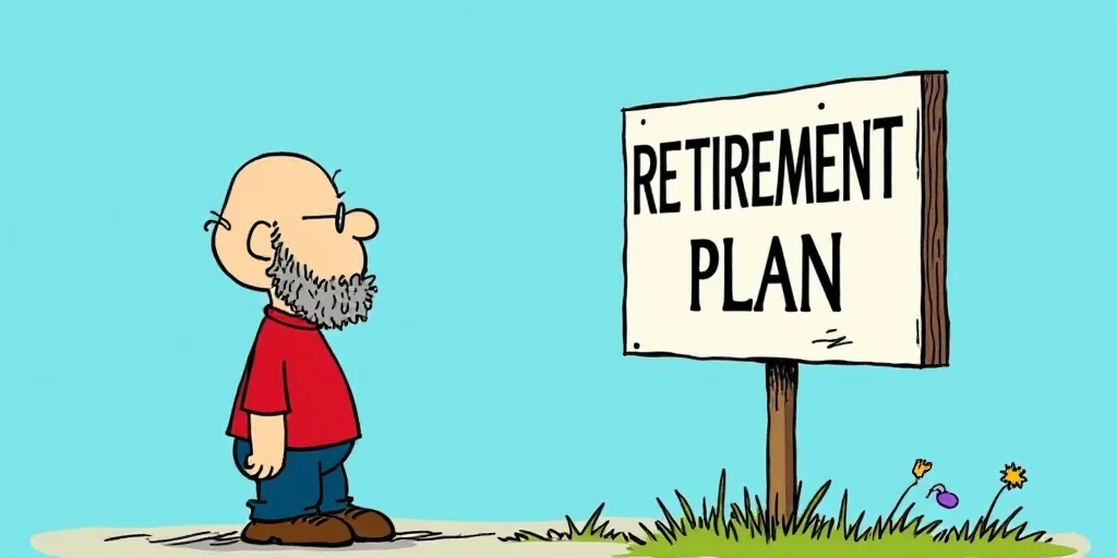 a man with glasses and a beard standing next to a sign that says retirement plan on it, with a blue