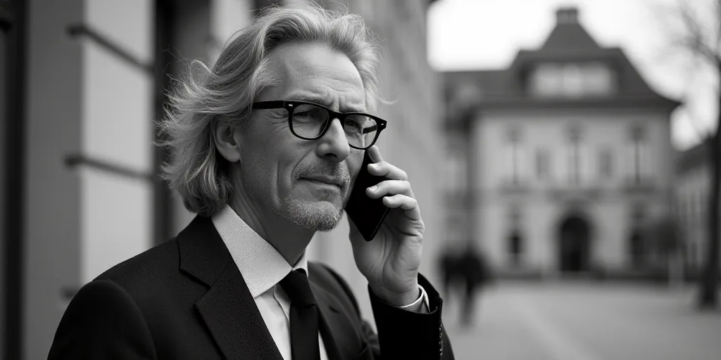 a man with glasses and a suit and tie on a cell phone and a building in the background with a sign o