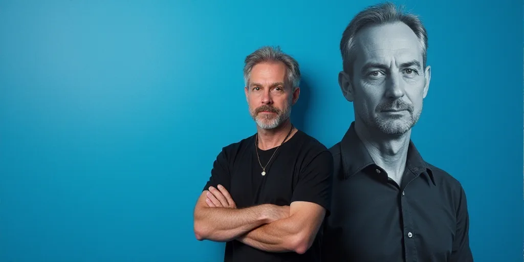 a man with his arms crossed standing in front of a blue background with a black and white photo of h