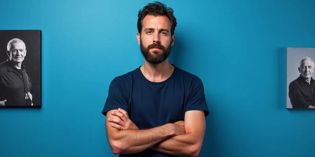 a man with his arms crossed standing in front of a blue background with a black and white photo of h