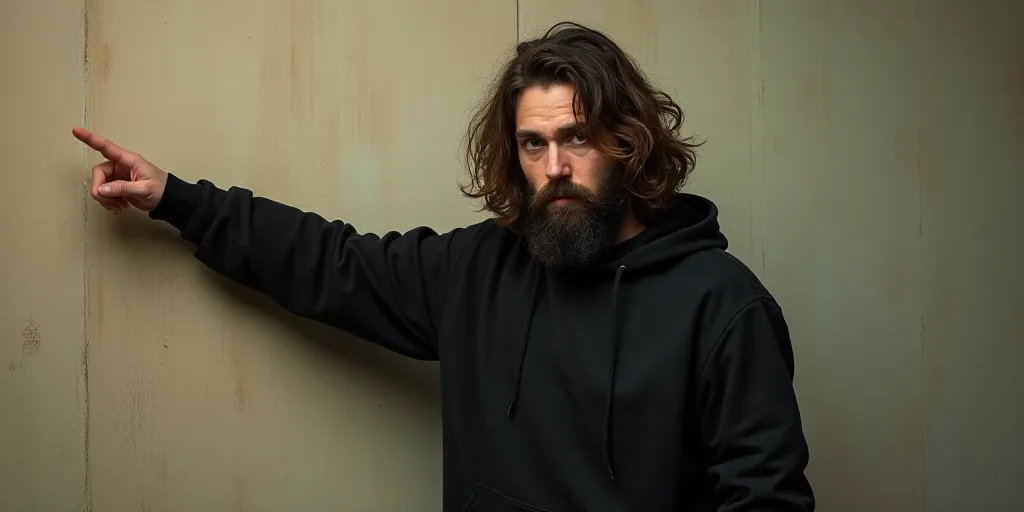 a man with long hair and a beard wearing a black hoodie and pointing to the side of the wall, Dougla