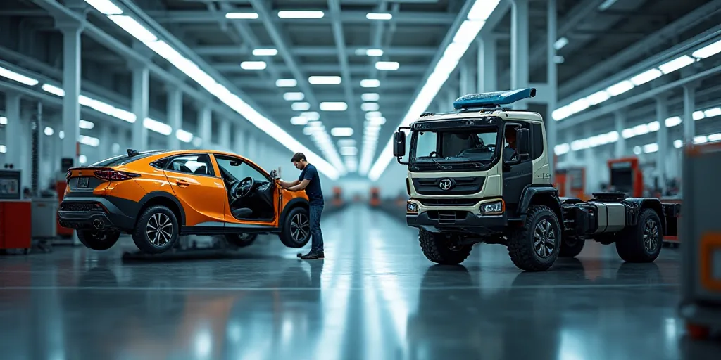 a man working on a car in a factory with a car being assembled on a machine and a car being assemble