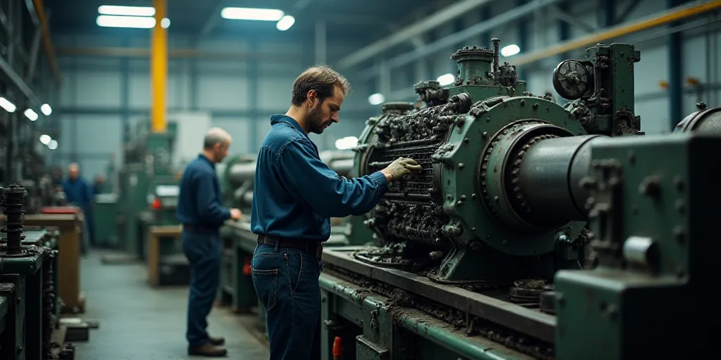 a man working on a machine in a factory with other workers nearby and a worker looking on from the s