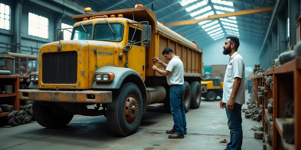 a man working on a truck in a factory with other workers nearby and a man in a white shirt, Dahlov I