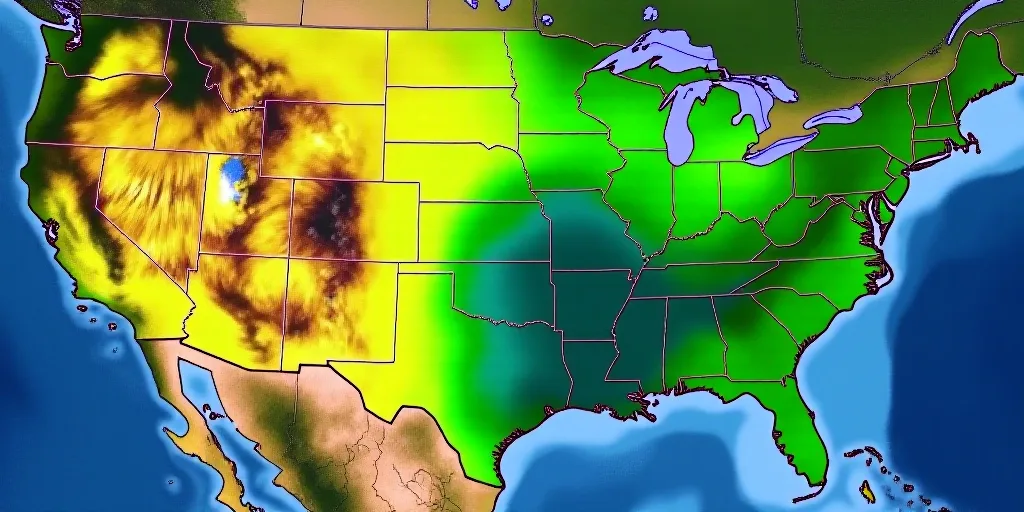 a map of the united states with a green and yellow area in the middle of it and a blue area in the m