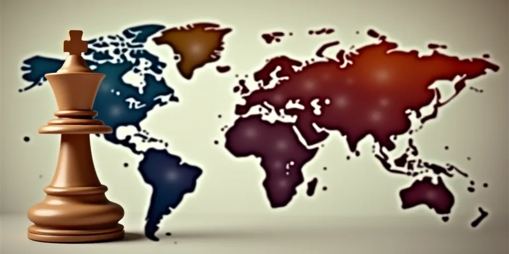 a map of the world with chess pieces in different colors and sizes, including a red, white, and blue