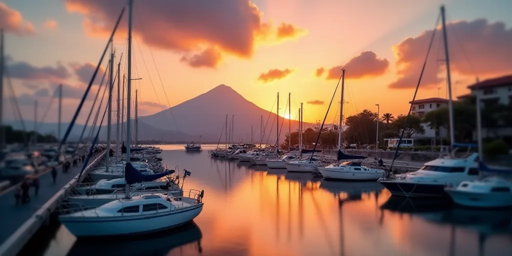 a marina with boats and a mountain in the background at sunset or sunrise or sunset time with clouds
