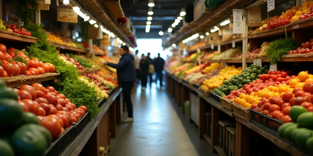 a market with a variety of fruits and vegetables on display and people shopping in the background at