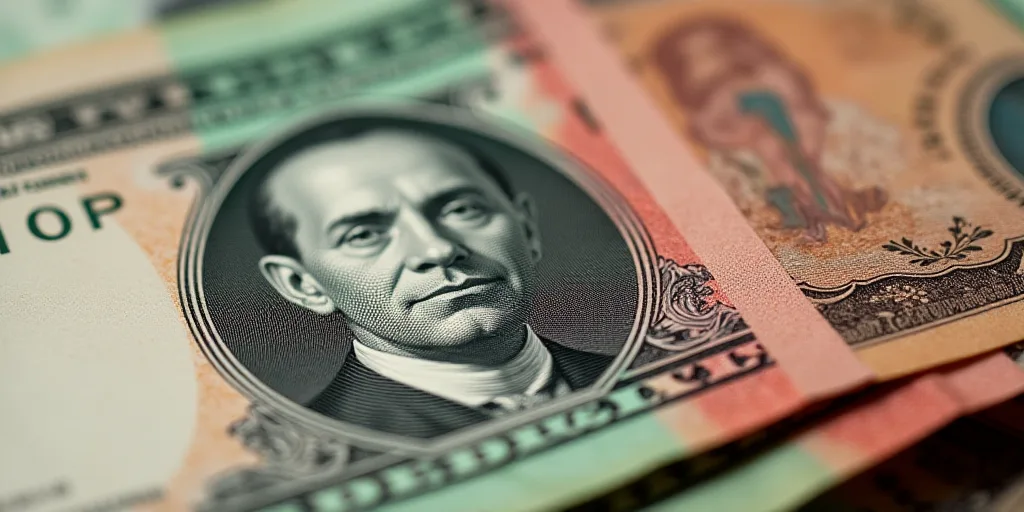 a mexican currency with a portrait of a man on it and a pile of bills in the background with a few b