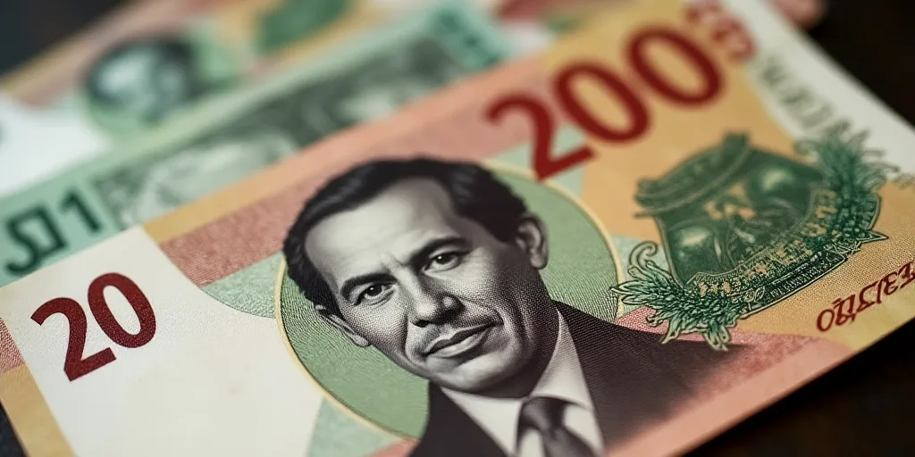 a mexican currency with a portrait of a man on it and a pile of bills in the background with a few b