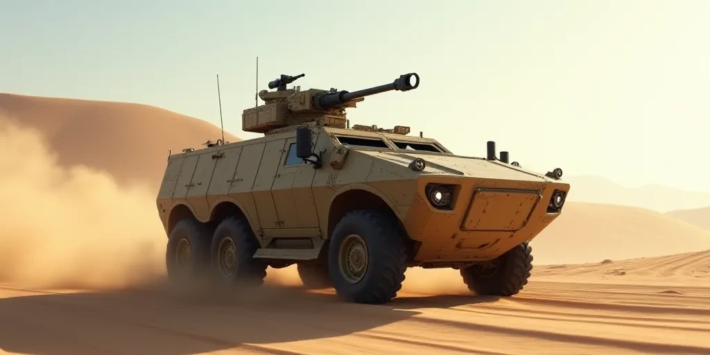 a military vehicle driving down a road in the desert with a gun on top of it's roof, Clovis Trouille
