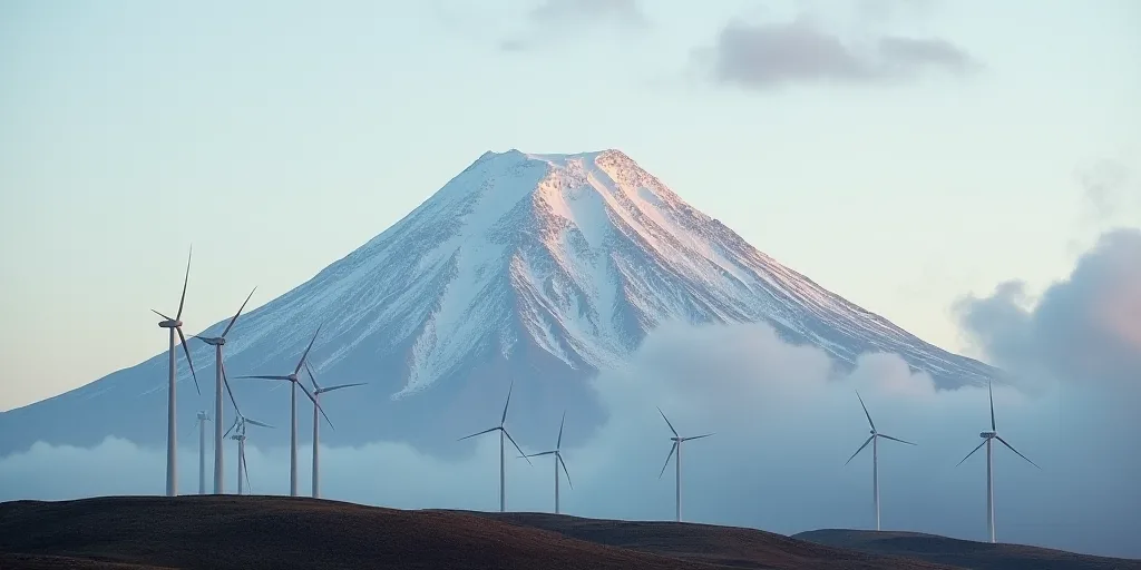 a mountain with a snow covered peak and wind turbines in the foreground, with a cloud filled sky, Ed