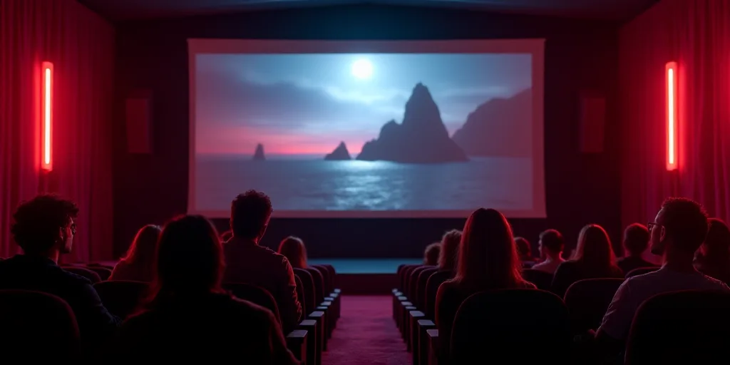 a movie screen with people sitting in chairs watching a movie on it's screen in a theater room, Avgu