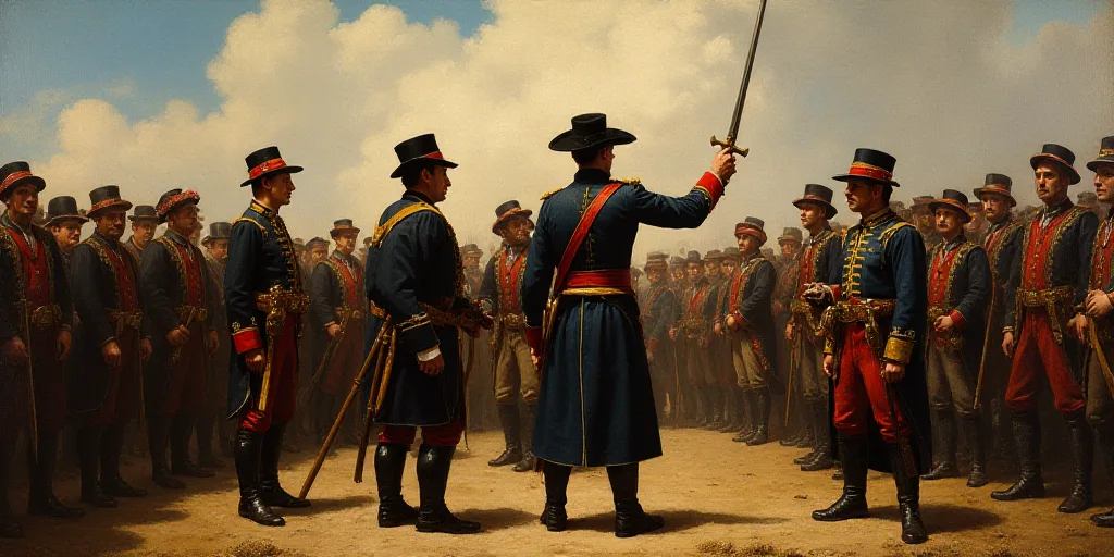a painting of a group of men in uniform and holding a sword in front of a crowd of men, Carlos Saenz