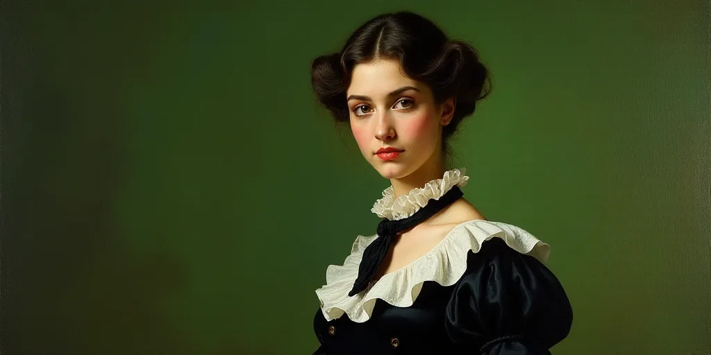 a painting of a woman in a black dress and a white shirt and a black tie and a green background, Ema