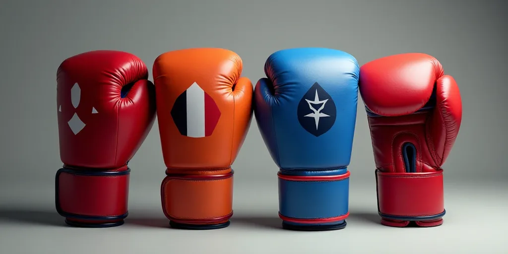 a pair of boxing gloves with flags on them are shown in a row of different colors and sizes,, Anthon