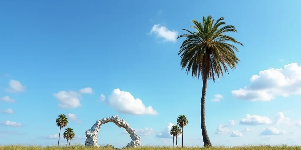 a palm tree with a blue sky in the background and a few clouds in the sky above it and a few palm tr