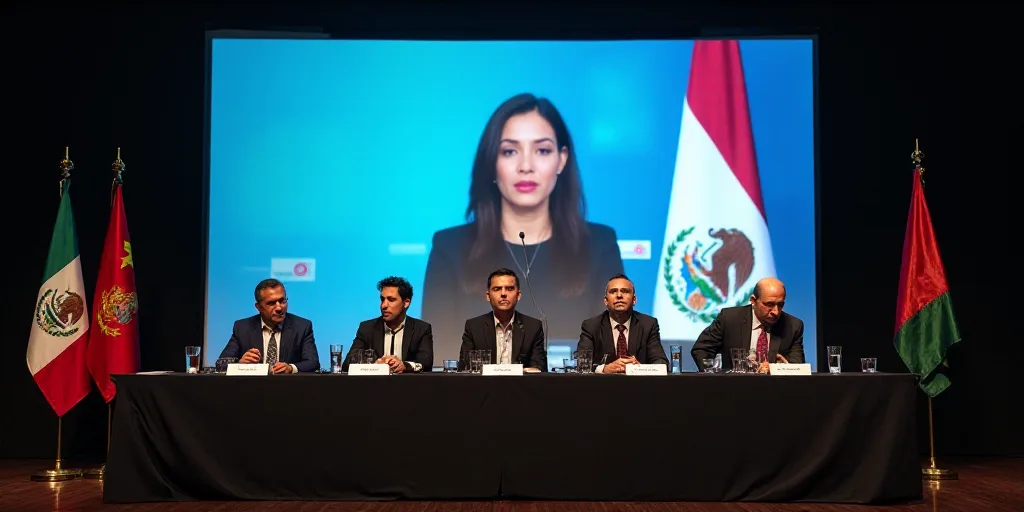 a panel of people sitting at a table with flags on it and a television screen behind them with a wom