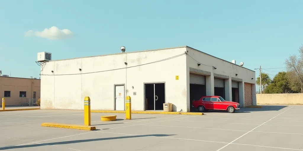 a parking lot with a white building and yellow poles and yellow poles on the ground and a red car pa