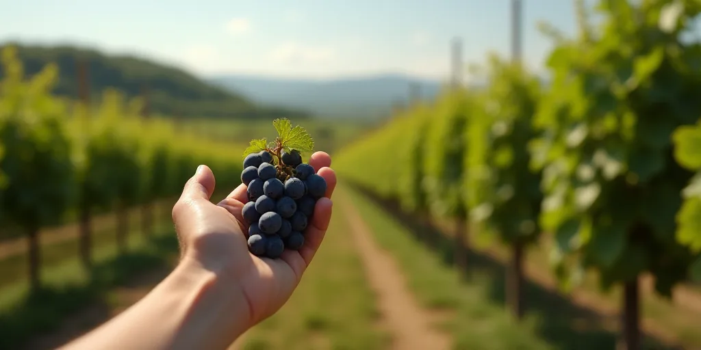 a person holding a bunch of grapes in their hand in a vineyard area with a vineyard in the backgroun