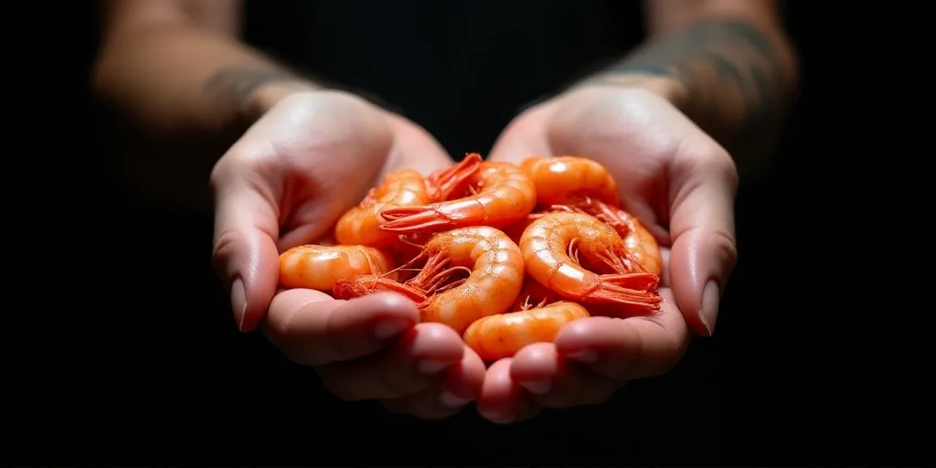 a person holding a bunch of shrimp in their hands with a black background and a black background beh