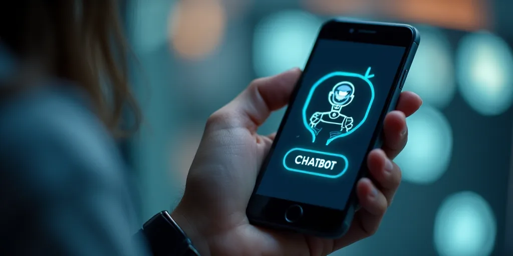 a person holding a cell phone with a chatbot on the screen and a chatbot button on the screen, Ai-Mi