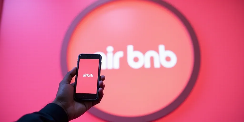 a person holding a cell phone in front of a sign that says air bnb and a pink background, Bourgeois,