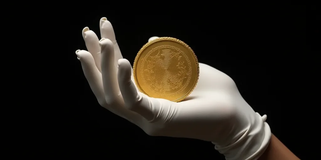 a person holding a gold coin in their hands with a black background and a white gloved hand holding
