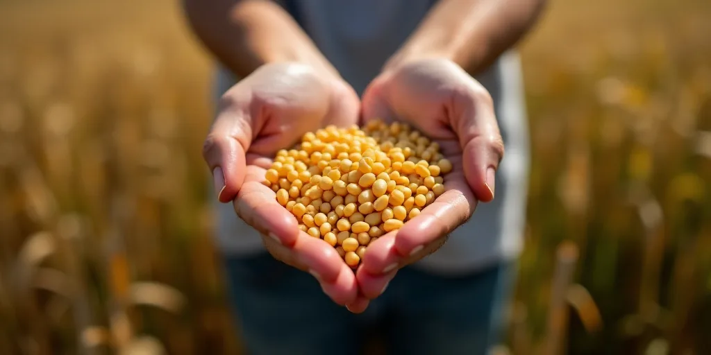 a person holding a handful of soy beans in their hands in a field of soy beans in the background, Da