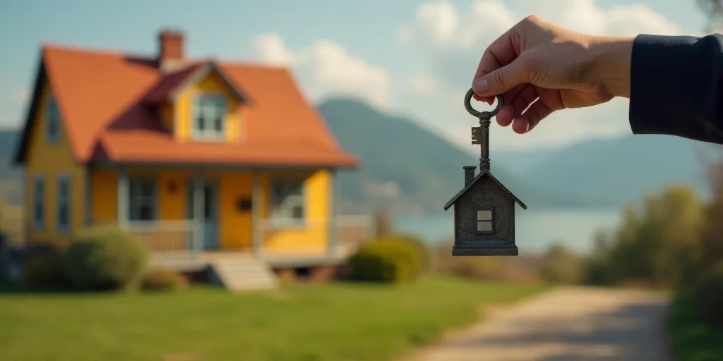 a person holding a house shaped key in their hand with a building in the background in the foregroun