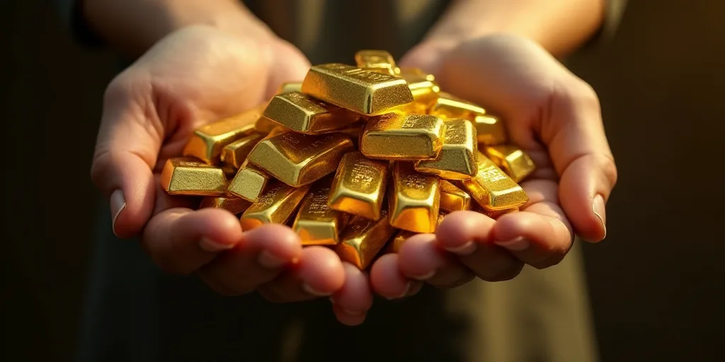 a person holding a pile of gold bars in their hands and a pile of gold bars in their other hand, Eng