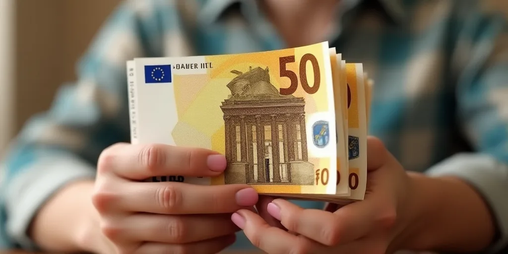 a person holding a stack of 50 euros bills in their hand, with stacks of 50 euros in the background,