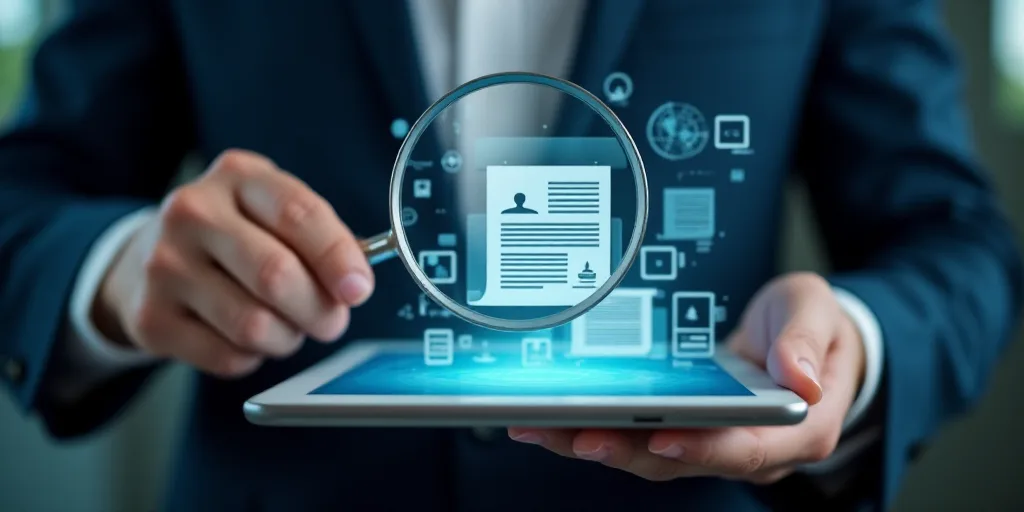 a person holding a tablet with a document on it and a magnifying glass over it with icons, Carlos Tr