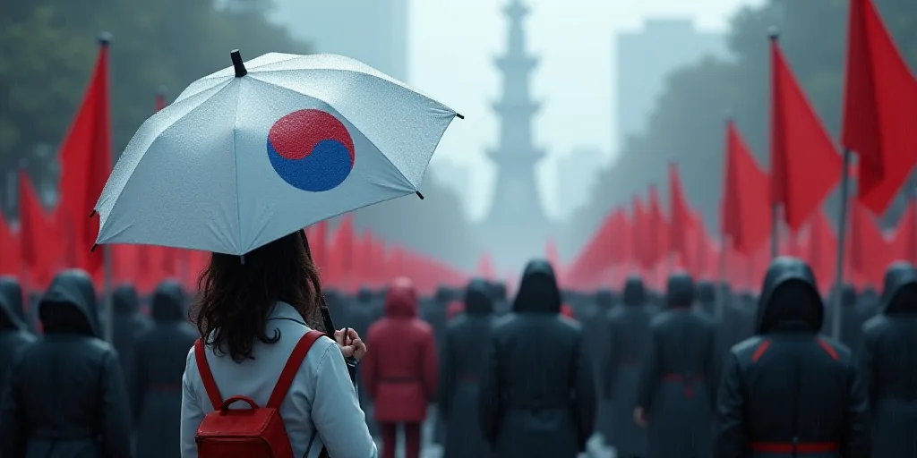 a person holding a white umbrella with a flag on it in a crowd of people holding flags and flags, An