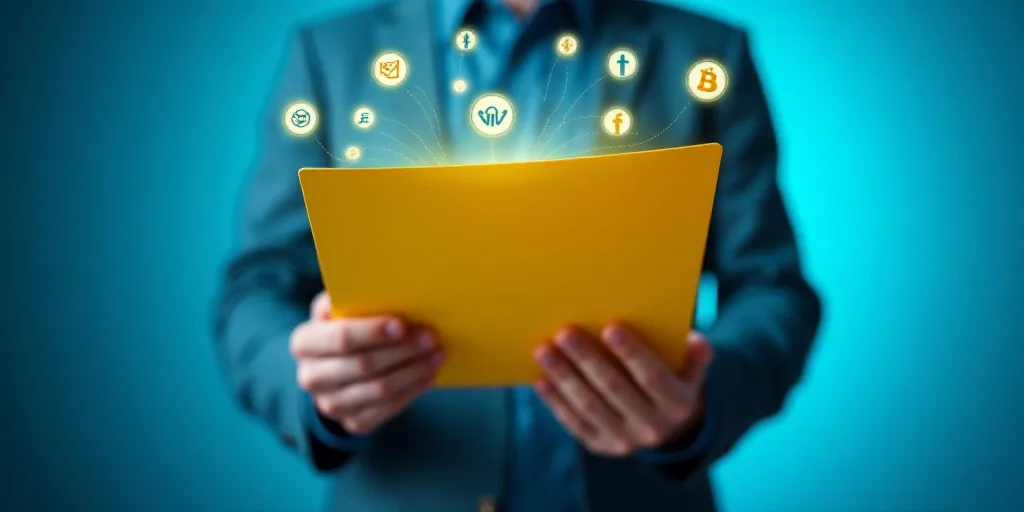 a person holding a yellow folder in their hands with icons coming out of it and a blue background wi