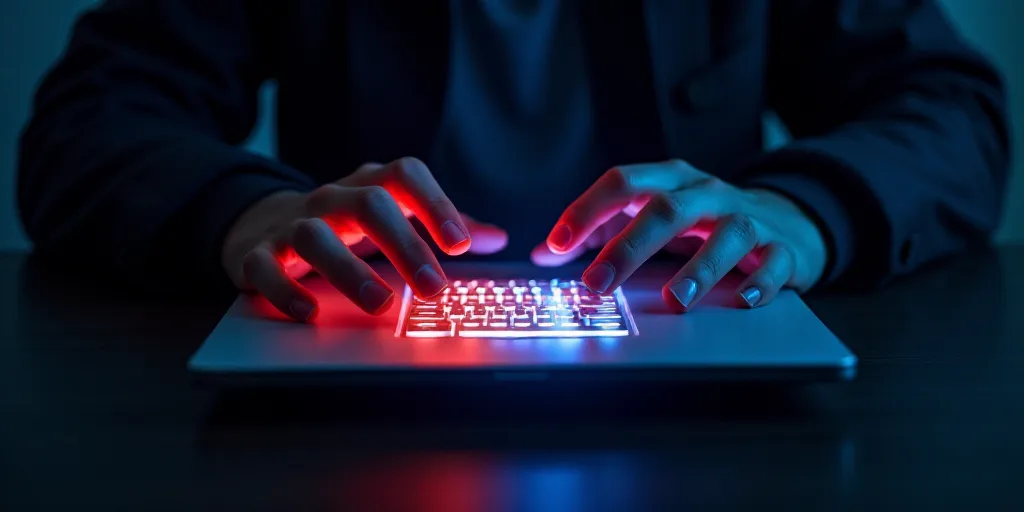 a person holding their hands over a laptop with a chagt logo on it and a glowing light above the key