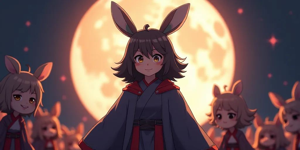 a person in a costume on stage with other people in the background and a large moon behind them with