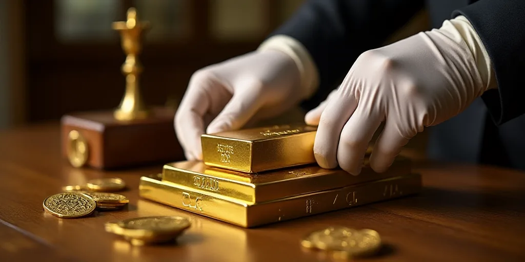 a person in white gloves and gloves is placing gold bars on a table with a gold seal in the backgrou