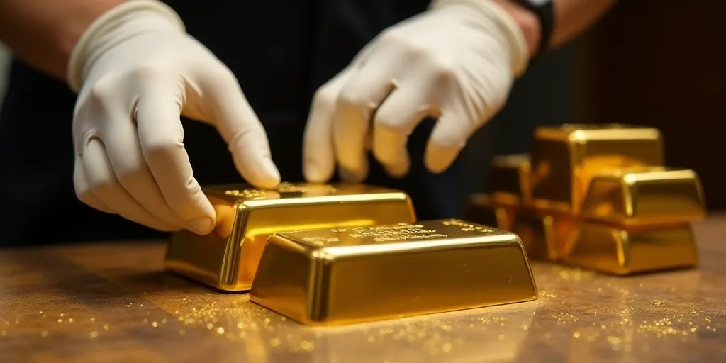 a person in white gloves is placing gold bars on a table with a white glove on it and a stack of gol
